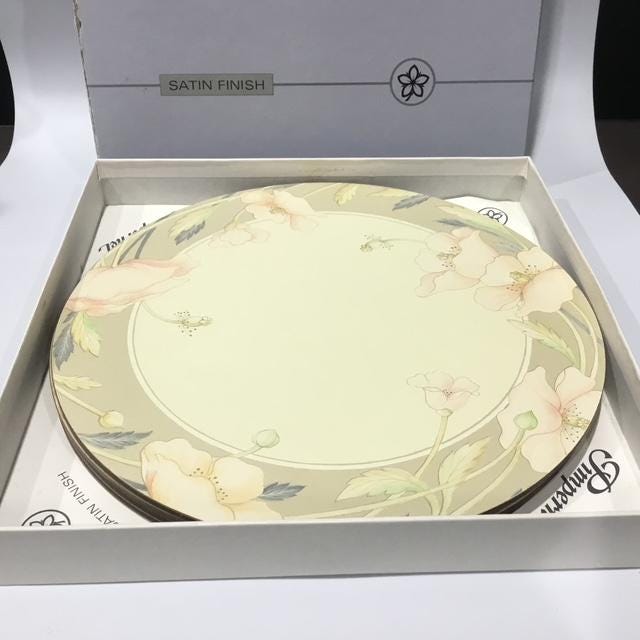 Vintage Pimpernel Round Placemats, Set of 6, Cork Backed, English Nouveau Rose/Taupe, Made in UK, Retro Dining Decor