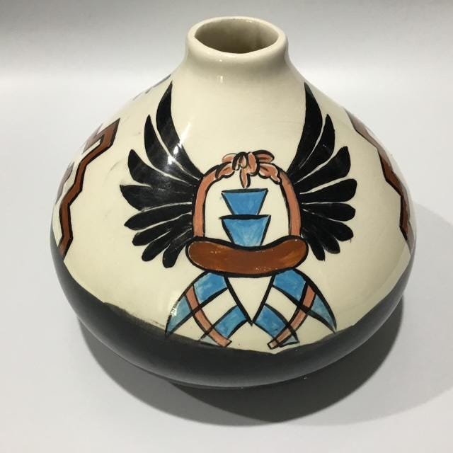 Vintage Southwestern Pottery Vase, Hand-Painted Bird, Desert Home Decor, Boho Ceramic Planter, Rustic Collectible, 1970s Style