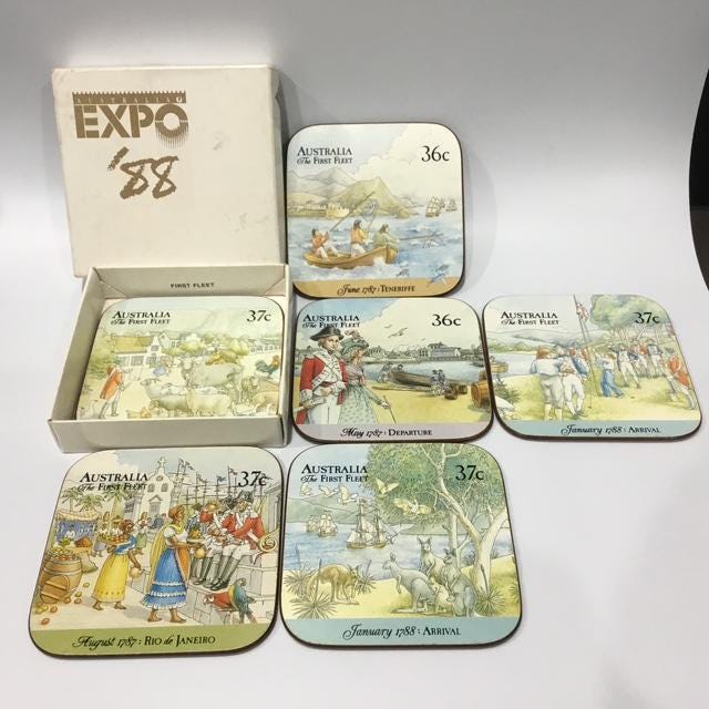 Australian Expo 88 Official Post Coasters, Set of 6, Vintage Australia Post Cork Coaster Collection