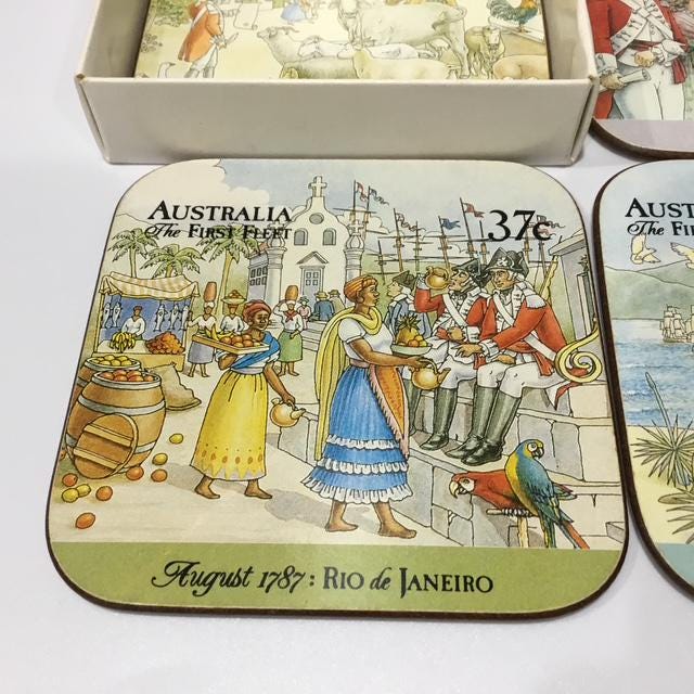 Australian Expo 88 Official Post Coasters, Set of 6, Vintage Australia Post Cork Coaster Collection