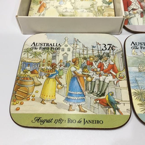 Australian Expo 88 Official Post Coasters, Set of 6, Vintage Australia Post Cork Coaster Collection