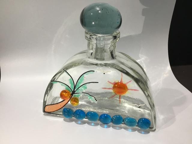 Vintage Style Glass Bottle Decanter, 1970s Coastal Nautical Decor, Blue Decorative Bottle