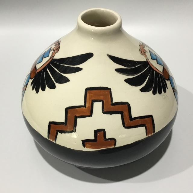 Vintage Southwestern Pottery Vase, Hand-Painted Bird, Desert Home Decor, Boho Ceramic Planter, Rustic Collectible, 1970s Style