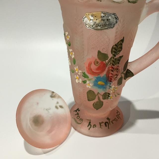 Vintage Australian crown crystal Owl Feather pink depression glass jug Etherden