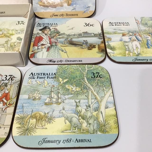 Australian Expo 88 Official Post Coasters, Set of 6, Vintage Australia Post Cork Coaster Collection