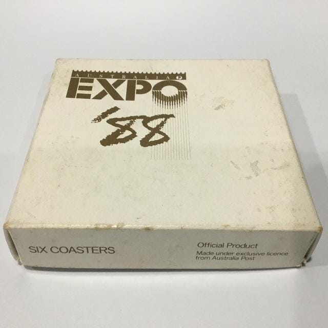 Australian Expo 88 Official Post Coasters, Set of 6, Vintage Australia Post Cork Coaster Collection