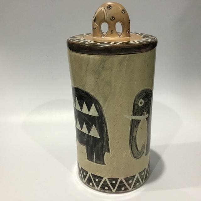 Hand Carved Kenyan Kisii Soapstone Elephant Canister, African Decorative Stone Container, 1990s Global Home Decor 20cm tall