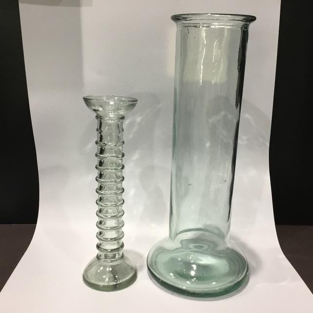 Vintage Recycled Glass Vases mixed Set of 2, one 34cm Tall Green Cylinder including one La Mediterranea Spanish Handmade vases