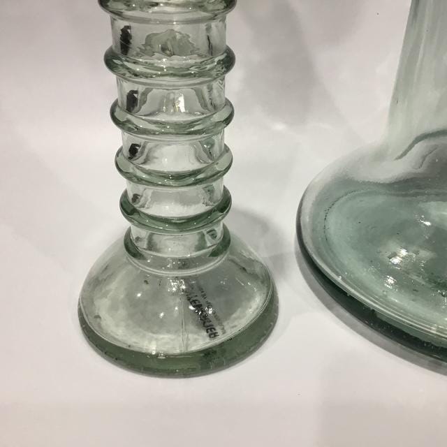 Vintage Recycled Glass Vases mixed Set of 2, one 34cm Tall Green Cylinder including one La Mediterranea Spanish Handmade vases