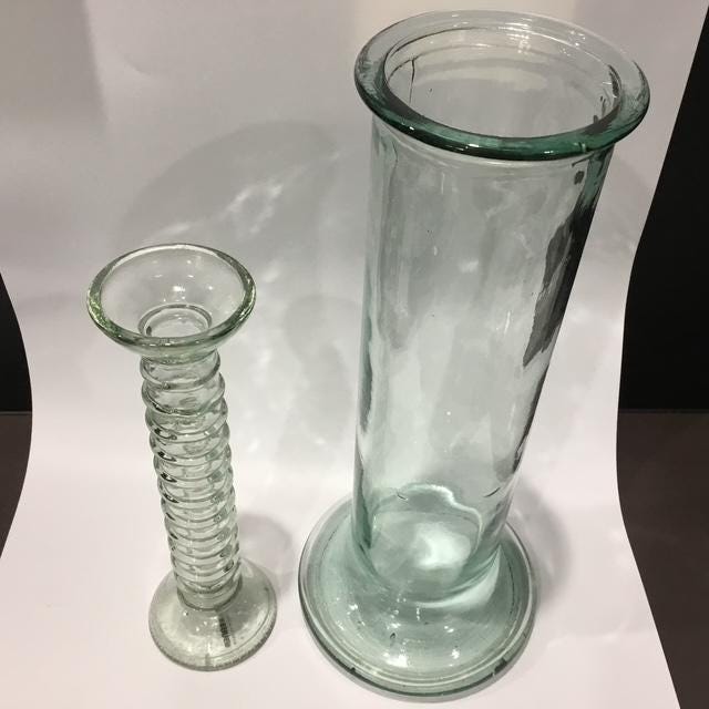 Vintage Recycled Glass Vases mixed Set of 2, one 34cm Tall Green Cylinder including one La Mediterranea Spanish Handmade vases