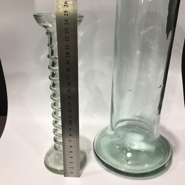 Vintage Recycled Glass Vases mixed Set of 2, one 34cm Tall Green Cylinder including one La Mediterranea Spanish Handmade vases