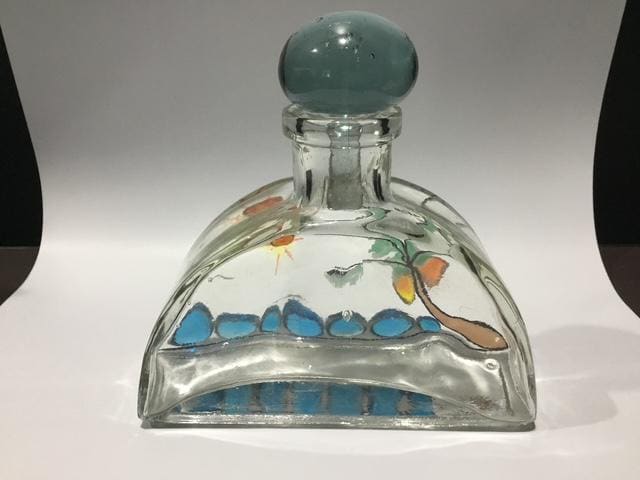 Vintage Style Glass Bottle Decanter, 1970s Coastal Nautical Decor, Blue Decorative Bottle