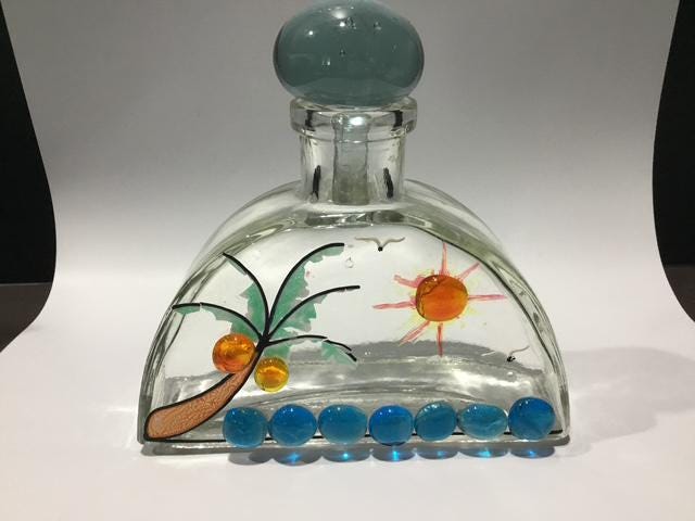 Vintage Style Glass Bottle Decanter, 1970s Coastal Nautical Decor, Blue Decorative Bottle