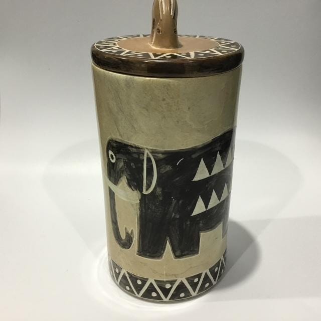 Hand Carved Kenyan Kisii Soapstone Elephant Canister, African Decorative Stone Container, 1990s Global Home Decor 20cm tall