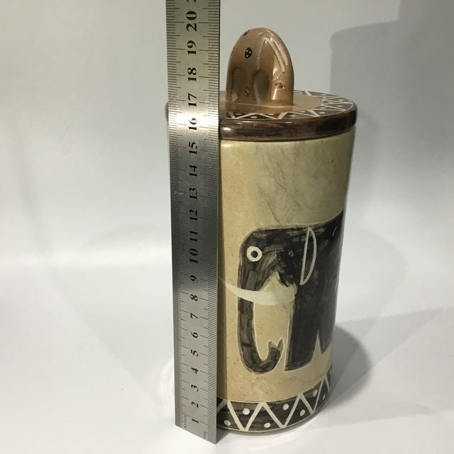 Hand Carved Kenyan Kisii Soapstone Elephant Canister, African Decorative Stone Container, 1990s Global Home Decor 20cm tall