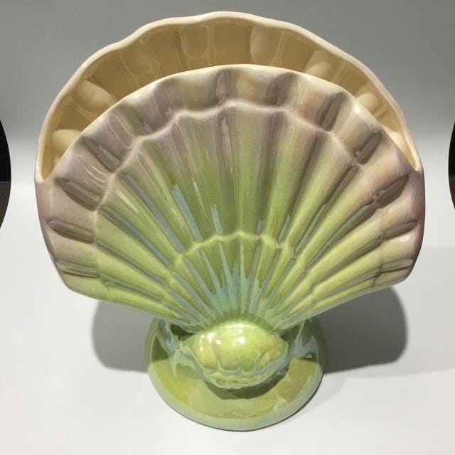 Lustreware Australian pottery shell fan, scallop shape, pattern 811, 21cm high