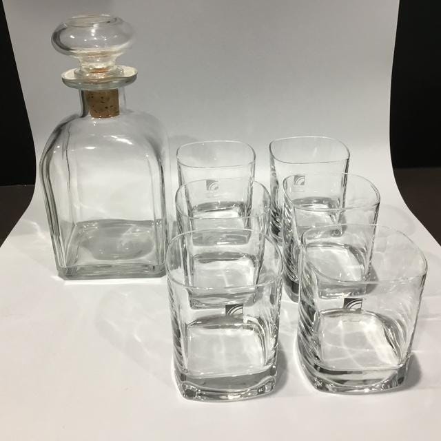 Luigi Bormioli Decanter Set, Italian Crystal, Unused with Box & Stickers, 1980s Vintage Glassware