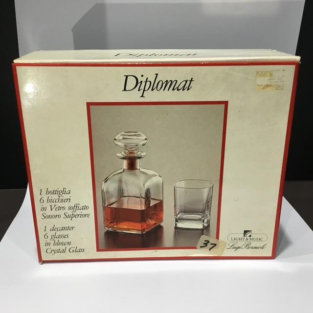 Luigi Bormioli Decanter Set, Italian Crystal, Unused with Box & Stickers, 1980s Vintage Glassware
