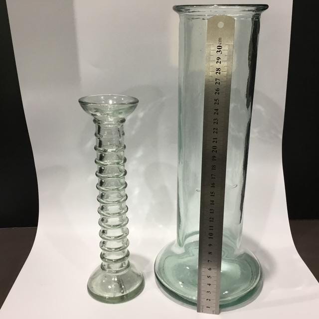 Vintage Recycled Glass Vases mixed Set of 2, one 34cm Tall Green Cylinder including one La Mediterranea Spanish Handmade vases