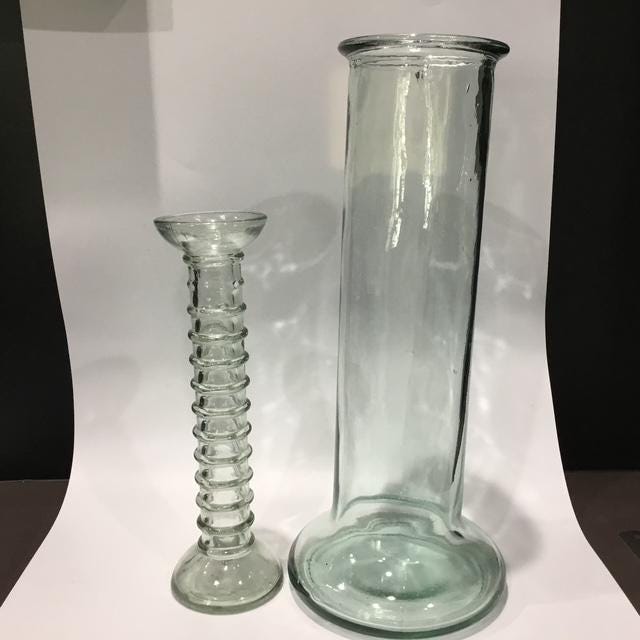 Vintage Recycled Glass Vases mixed Set of 2, one 34cm Tall Green Cylinder including one La Mediterranea Spanish Handmade vases