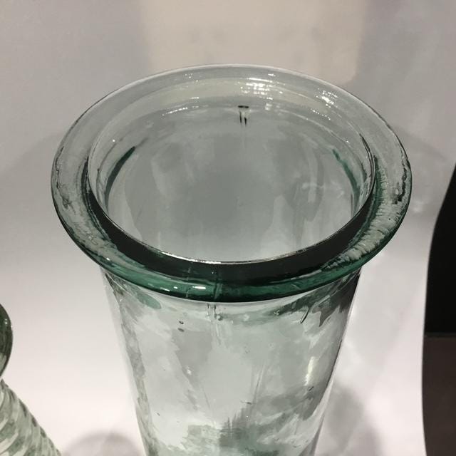 Vintage Recycled Glass Vases mixed Set of 2, one 34cm Tall Green Cylinder including one La Mediterranea Spanish Handmade vases