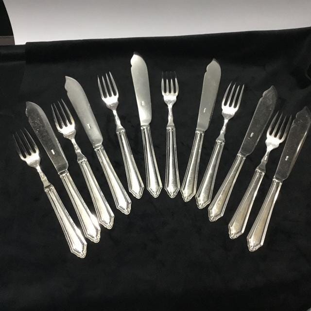 1950s EPNS Silver Plated Fish Knife & Fork Set Vintage, Mid Century Collectible Cutlery