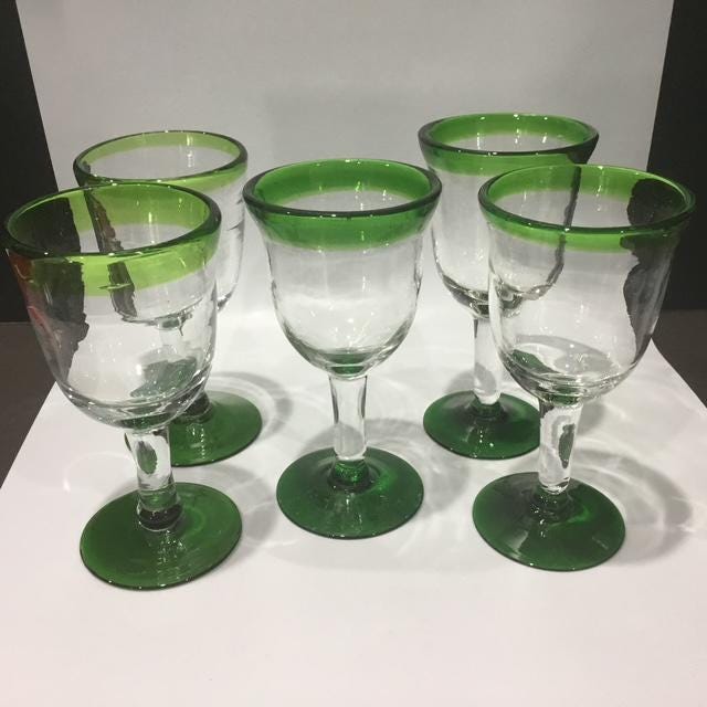 Hand Blown Mexican Green Glass Goblets Set of 5 Recycled Artisan Wine Glasses