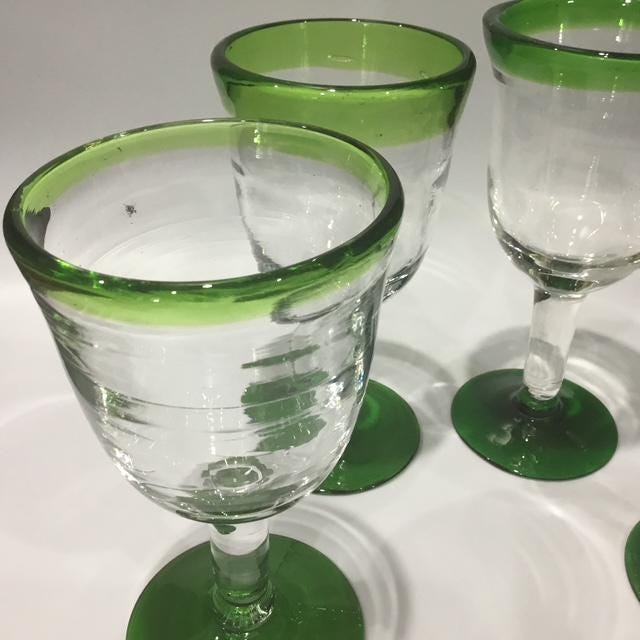 Hand Blown Mexican Green Glass Goblets Set of 5 Recycled Artisan Wine Glasses