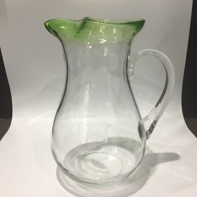 Vintage Clear Glass Jug with Green Lip, 2L Water Pitcher, Mid Century Kitchen Decor