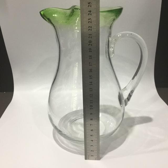 Vintage Clear Glass Jug with Green Lip, 2L Water Pitcher, Mid Century Kitchen Decor