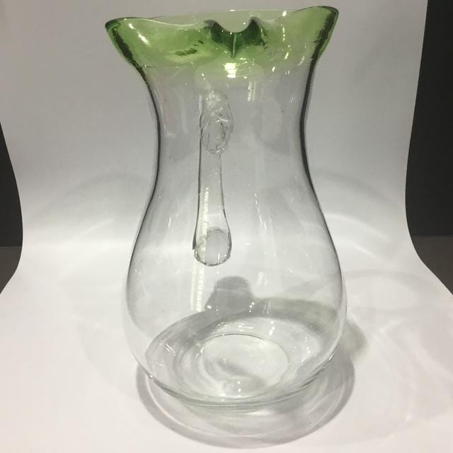 Vintage Clear Glass Jug with Green Lip, 2L Water Pitcher, Mid Century Kitchen Decor