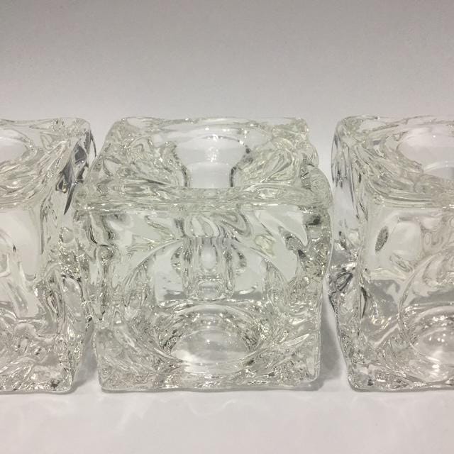 Vintage possibly Rudolf Jurnikl? Ice Cube Candle Holders, Mid Century Czech Glass Collectible, lot of 3