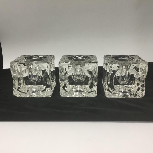 Vintage possibly Rudolf Jurnikl? Ice Cube Candle Holders, Mid Century Czech Glass Collectible, lot of 3