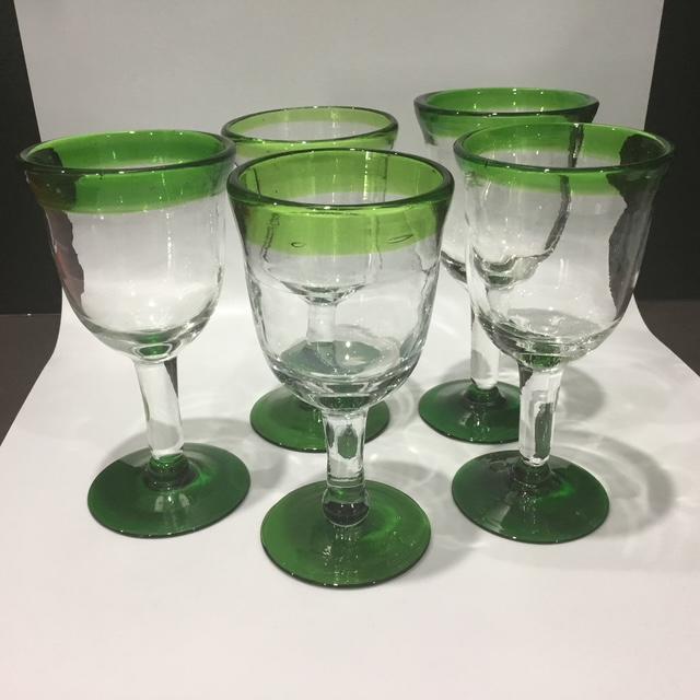 Hand Blown Mexican Green Glass Goblets Set of 5 Recycled Artisan Wine Glasses