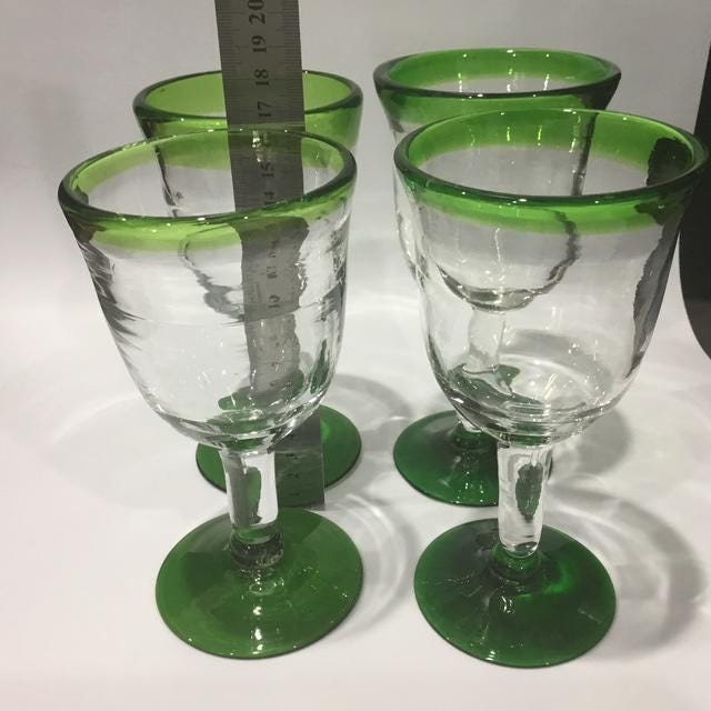 Hand Blown Mexican Green Glass Goblets Set of 5 Recycled Artisan Wine Glasses