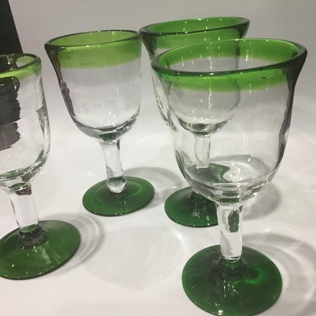 Hand Blown Mexican Green Glass Goblets Set of 5 Recycled Artisan Wine Glasses