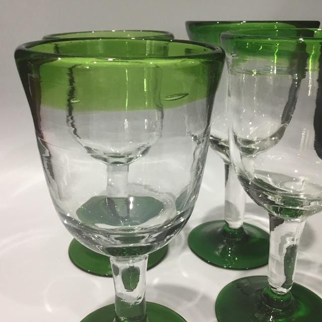Hand Blown Mexican Green Glass Goblets Set of 5 Recycled Artisan Wine Glasses