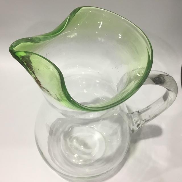 Vintage Clear Glass Jug with Green Lip, 2L Water Pitcher, Mid Century Kitchen Decor
