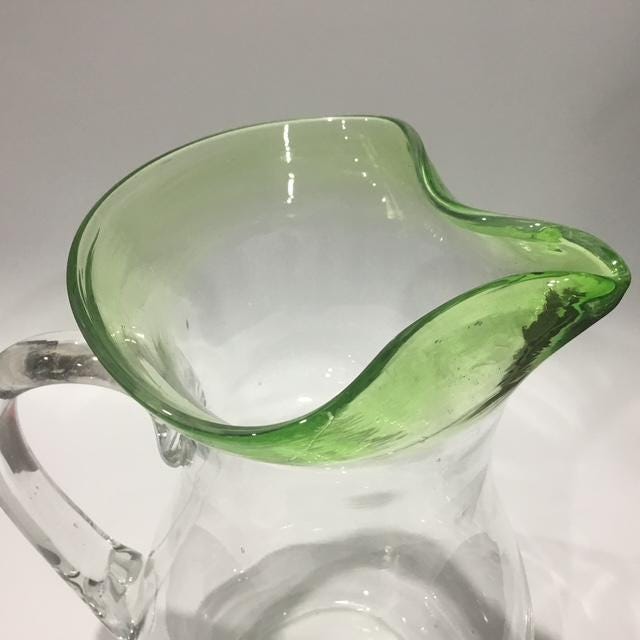 Vintage Clear Glass Jug with Green Lip, 2L Water Pitcher, Mid Century Kitchen Decor