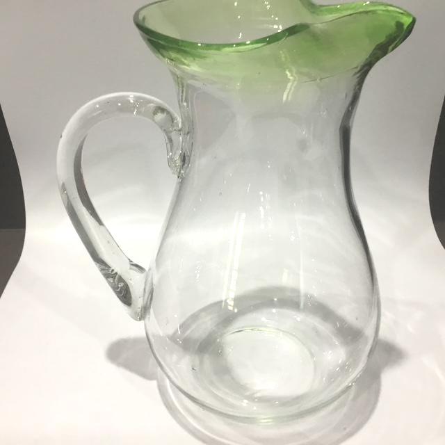 Vintage Clear Glass Jug with Green Lip, 2L Water Pitcher, Mid Century Kitchen Decor